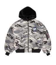 Load image into Gallery viewer, Reversible Snow Camo Fur Bomber Jacket